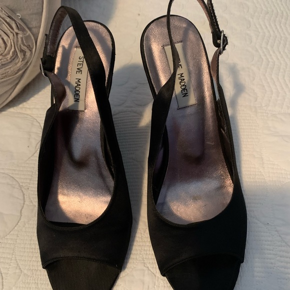 Black satin wedges with sequin details on heal. - Picture 3 of 4